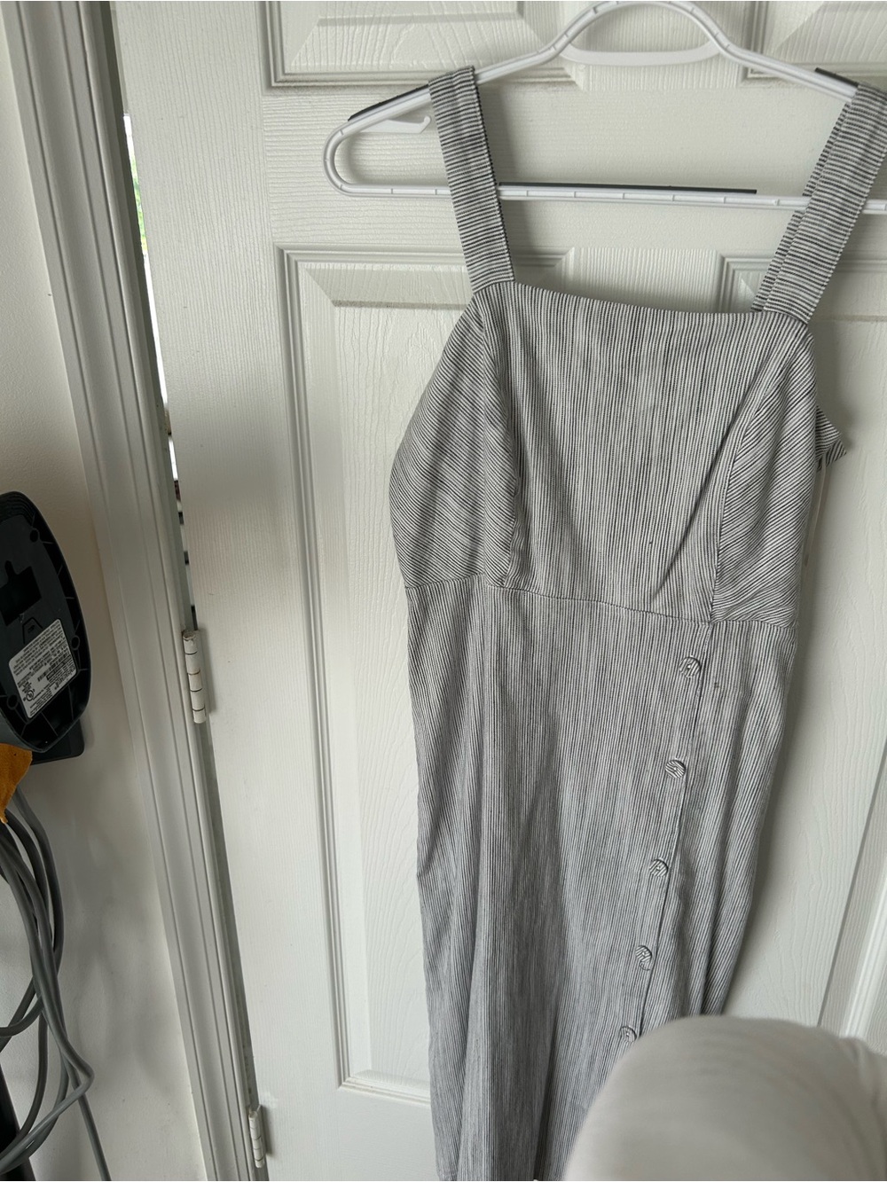Tahari Gray Pinstripe Square-Neck Midi Dress